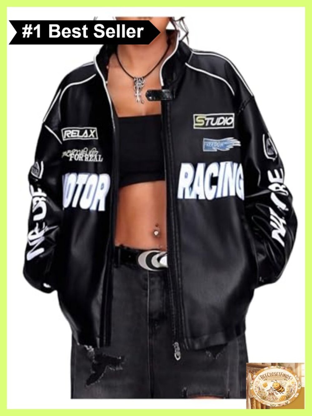Faux Leather Racer Jacket Graphic Print Streetwear Oversized Coat